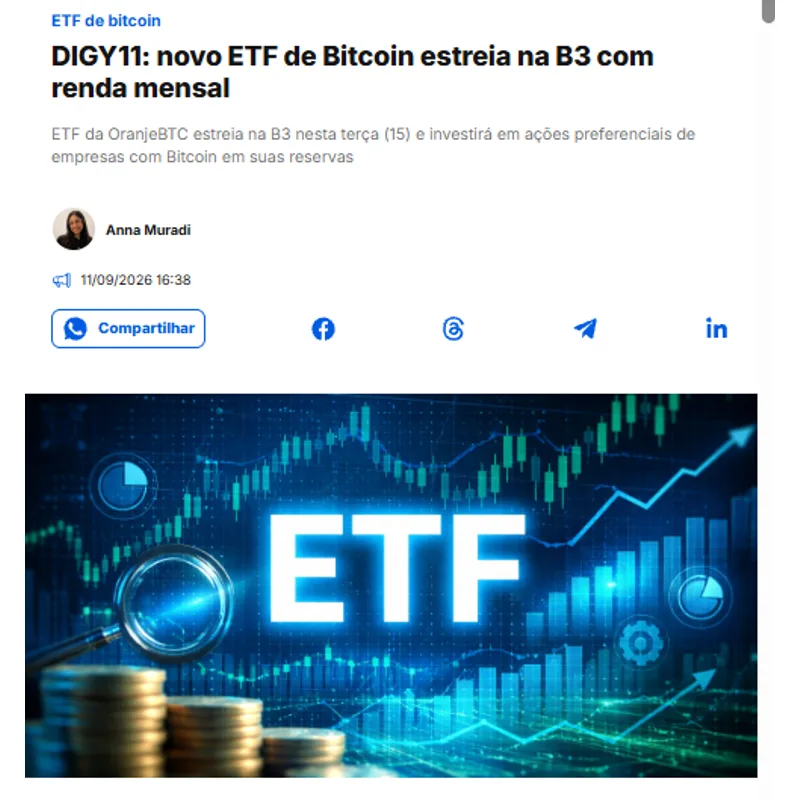 DIGY11: novo ETF de Bitcoin estreia na B3 com renda mensal