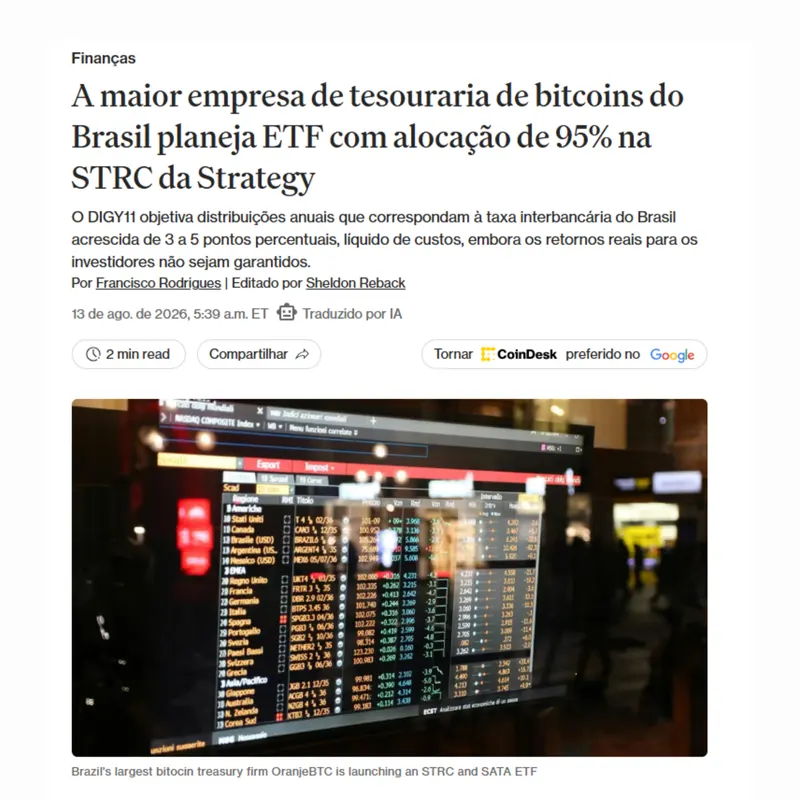 A maior empresa de tesouraria de Bitcoin do Brasil planeja ETF com alocação de 95% na STRC da Strategy