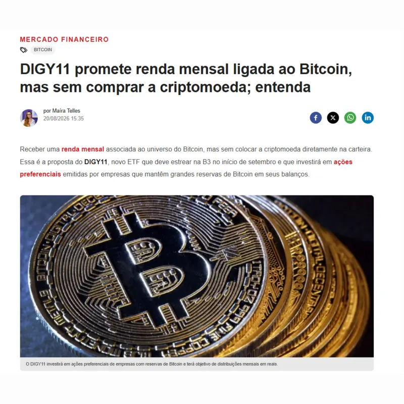 DIGY11 promete renda mensal ligada ao Bitcoin, mas sem comprar a criptomoeda; entenda