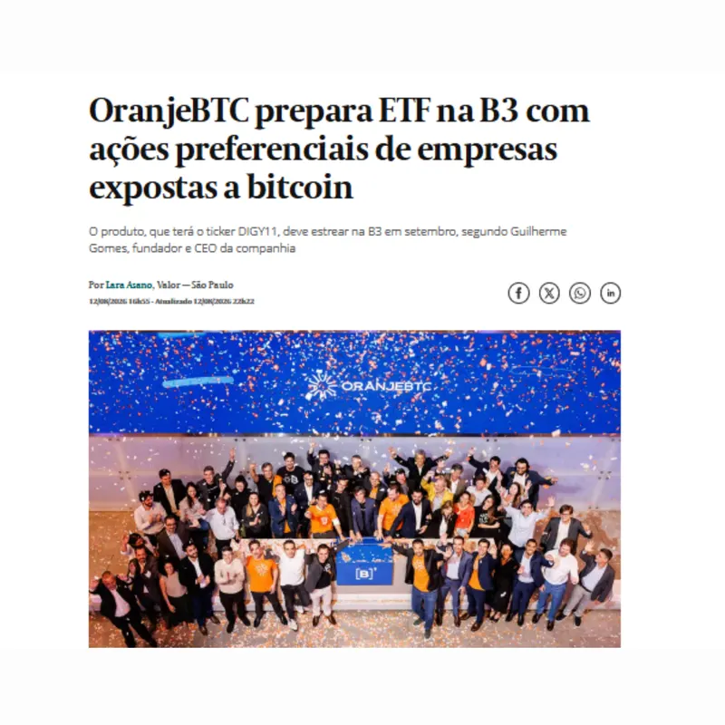 OranjeBTC prepara ETF na B3 com ações preferenciais de empresas expostas a bitcoin