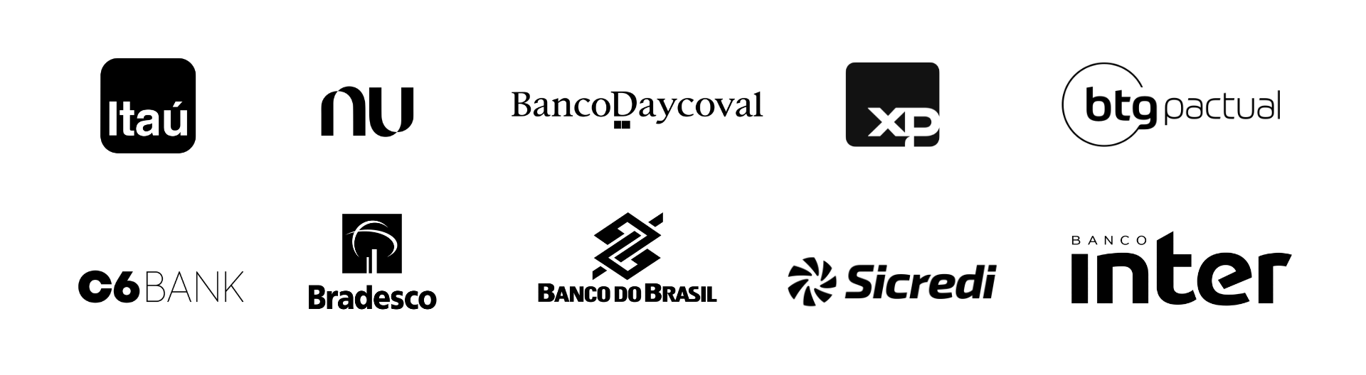 Logos de bancos e corretoras onde o DIGY11 pode ser comprado: Itaú, Nu, Banco Daycoval, XP, BTG Pactual, C6 Bank, Bradesco, Banco do Brasil, Sicredi e Banco Inter